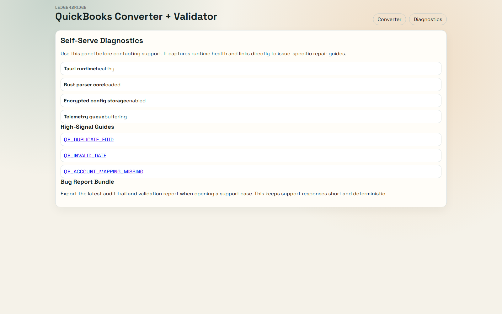 LedgerBridge diagnostics screen